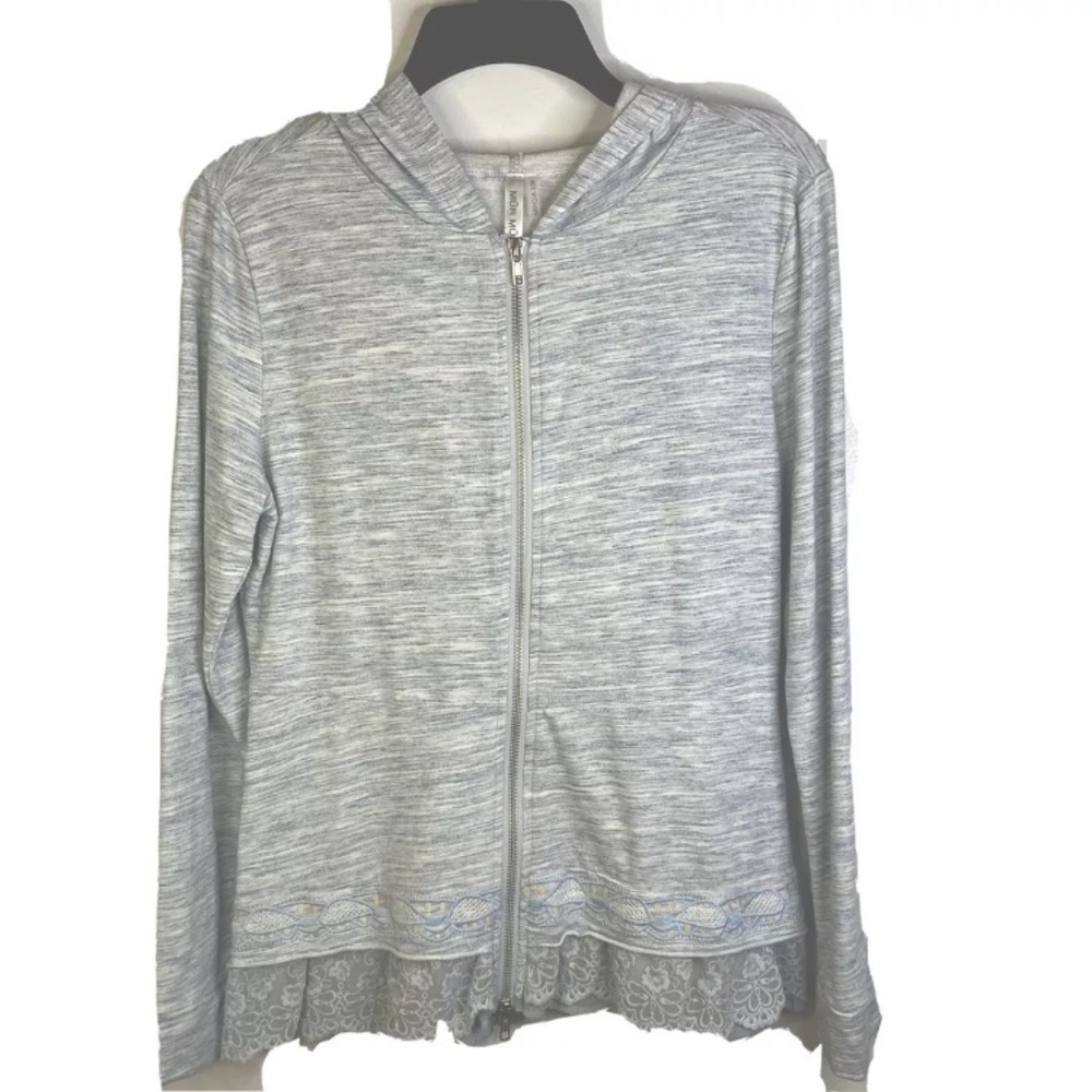 Mur Mur Full Zip Hooded Sweatshirt Gray Floral Lace Gauze Hem 100% Cotton Sz S